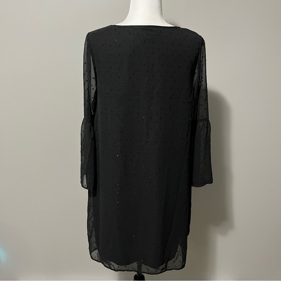 Molly Bracken Sheer Shift Dress Sparkly Swiss Dot Pattern Bell Sleeves Black - Picture 5 of 7